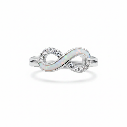 Silver 925 CZ infinity memorial ring — white pearl opal flakes resin in open infinity loop setting