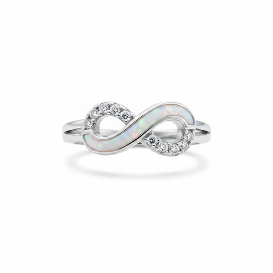 Silver 925 CZ infinity memorial ring — white pearl opal flakes resin in open infinity loop setting