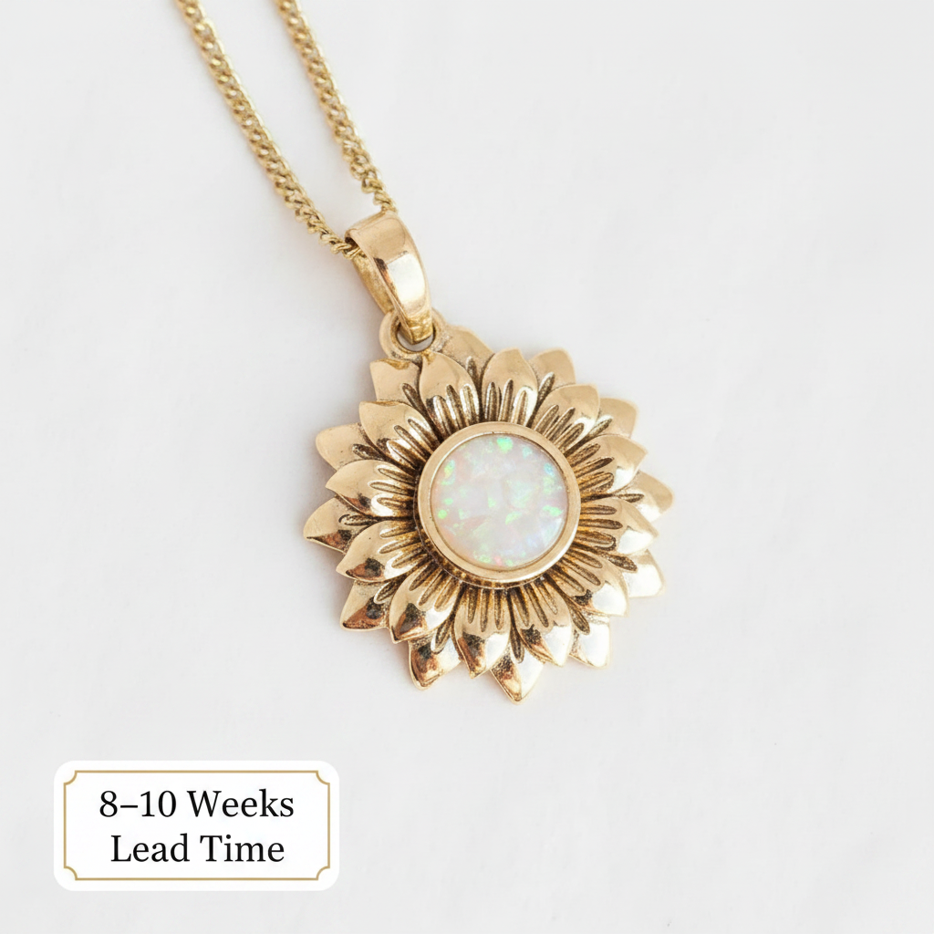 9ct Gold Realistic Sunflower Pendant — white pearl opal resin in centre bezel, white background