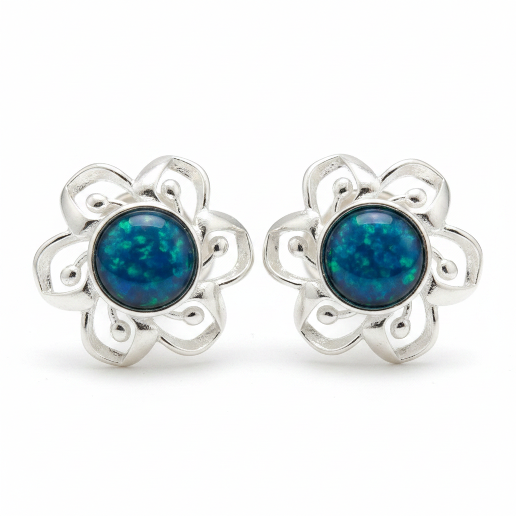 Silver 925 layered petal flower memorial stud earrings — blue teal opal flakes resin in 4mm round centre cup