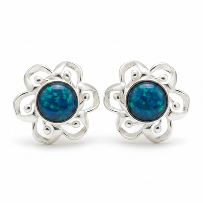 Silver 925 layered petal flower memorial stud earrings — blue teal opal flakes resin in 4mm round centre cup