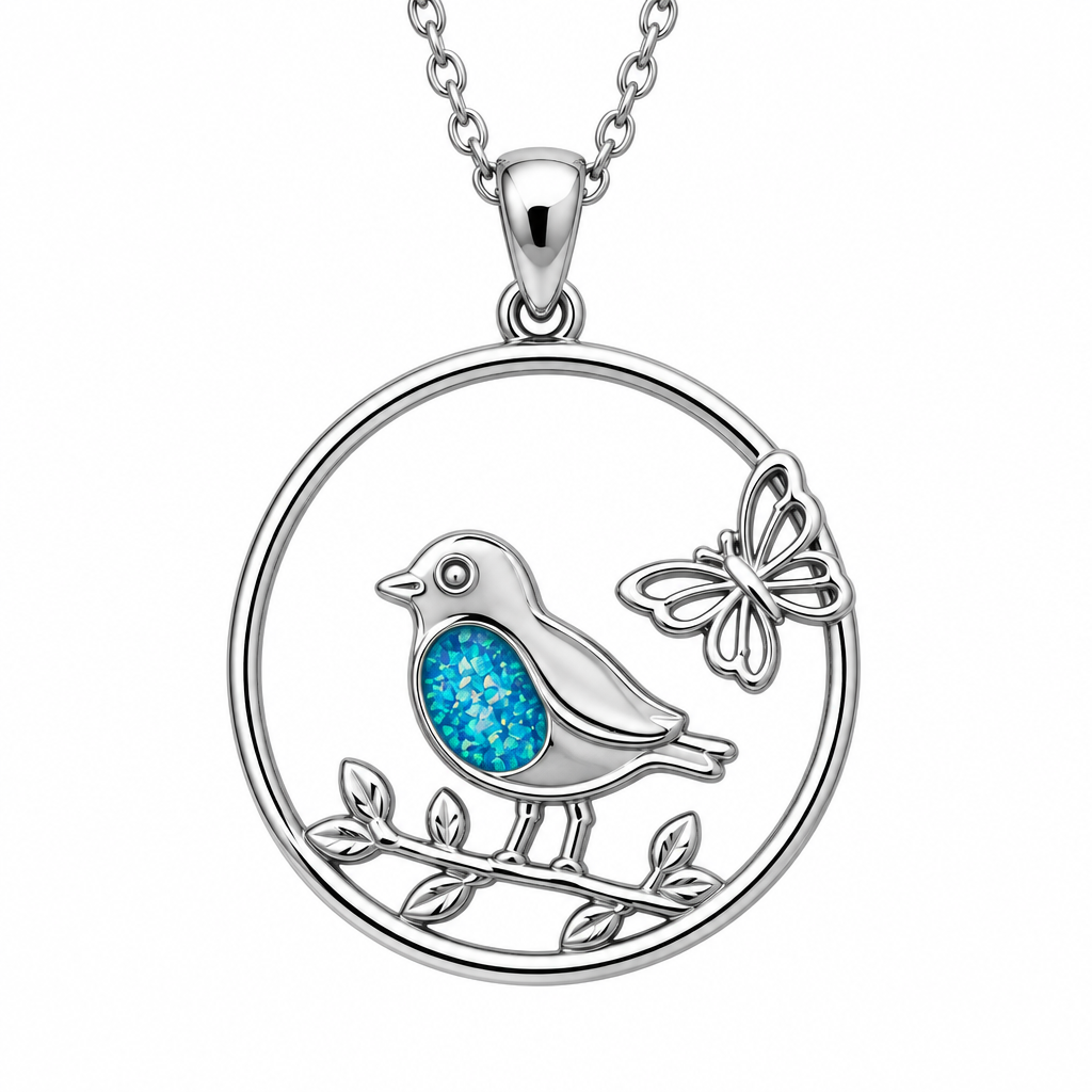 Robin and butterfly memorial pendant with blue teal opal resin