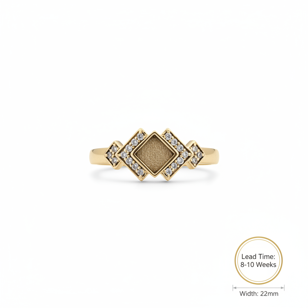 9K gold Art Deco CZ ring — dimensions guide, white background, 8-10 week lead time sticker