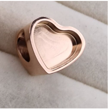 18ct rose gold PVD stainless steel heart charm bead blank showing large heart form with round resin well on top and horizontal threading hole through centre