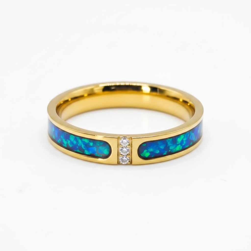 18ct gold PVD part channel memorial ring with blue teal opal flakes stainless steel