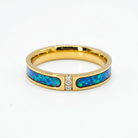 18ct gold PVD part channel memorial ring with blue teal opal flakes stainless steel