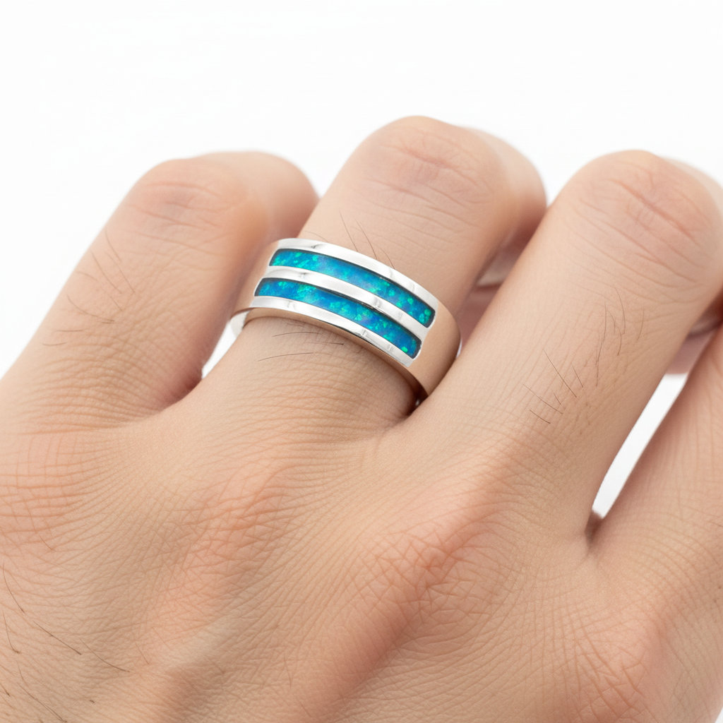 Gents Double Channel 7mm 925 Silver Band Ring worn on finger — lifestyle shot, pure white background