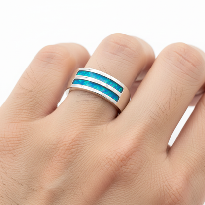 Gents Double Channel 7mm 925 Silver Band Ring worn on finger — lifestyle shot, pure white background