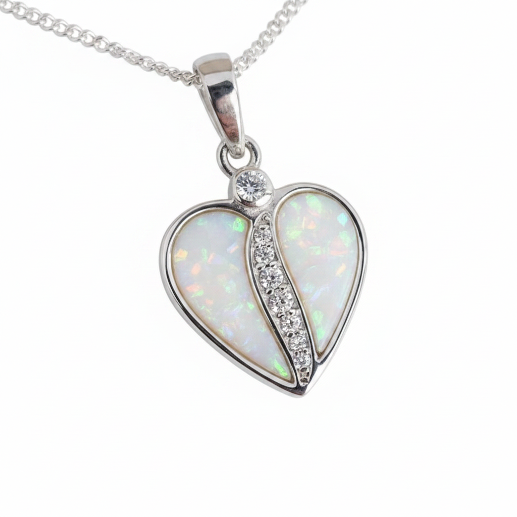 Crystal Divided Heart 925 Silver Memorial Pendant with white pearl opal resin inclusion — white background