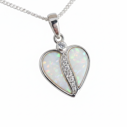 Crystal Divided Heart 925 Silver Memorial Pendant with white pearl opal resin inclusion — white background