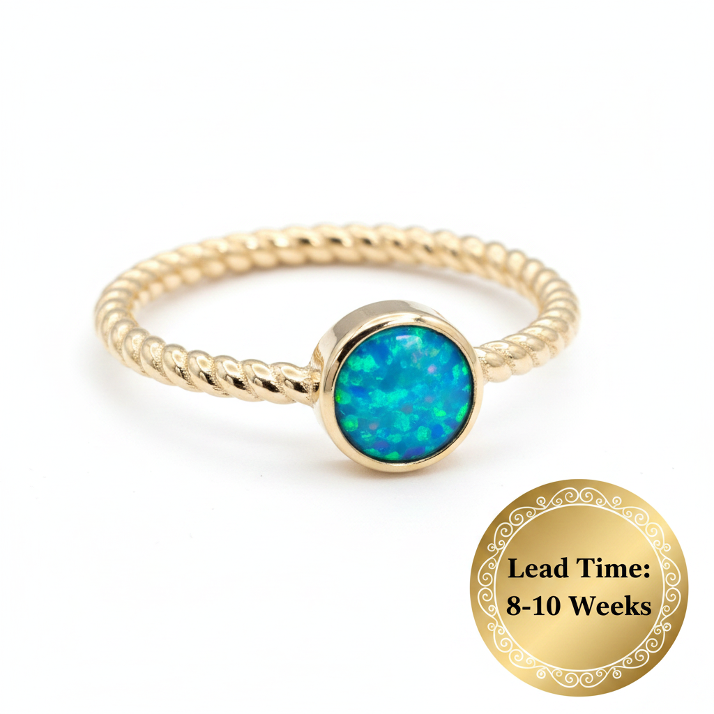 9ct gold single twist round ring with blue teal opal resin in round bezel, white background, lead time 8-10 weeks sticker