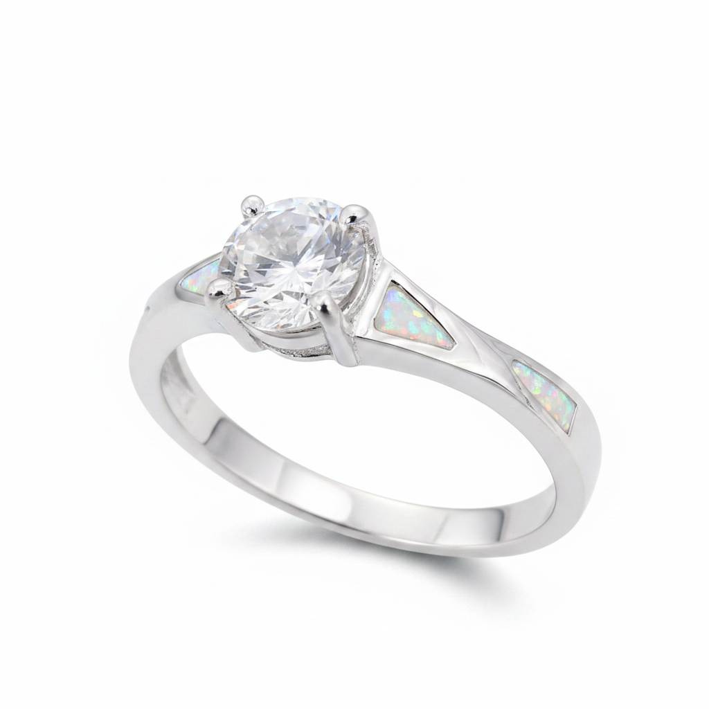 Twisted channel solitaire 925 silver ring with white pearl opal resin in triangular shoulder channels on white background