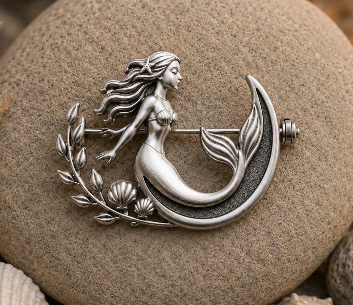 Mermaid memorial brooch in stainless steel with textured tail channel