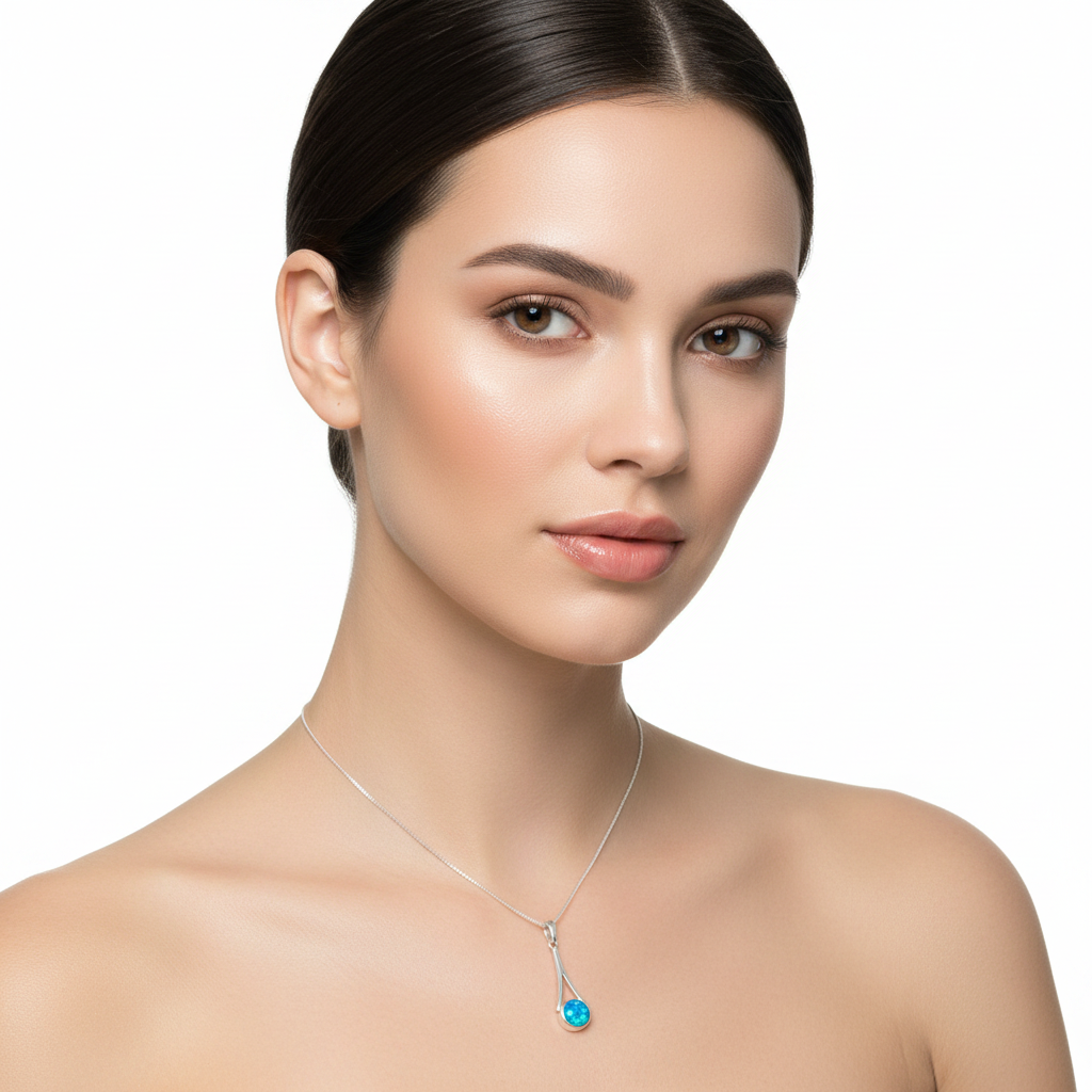 Model wearing silver 925 wishbone drop memorial pendant at true 31x9mm scale