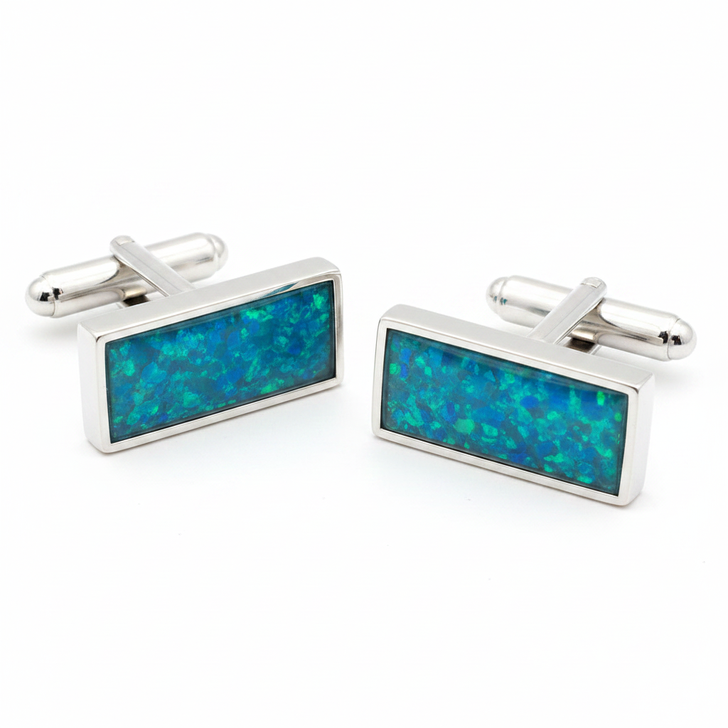 Silver 925 flat rectangular cufflinks with blue teal opal resin in 22x7mm bezel setting on white background