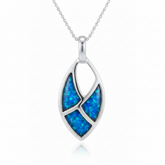 Silver 925 three section marquise memorial pendant with blue opal resin on chain, white background