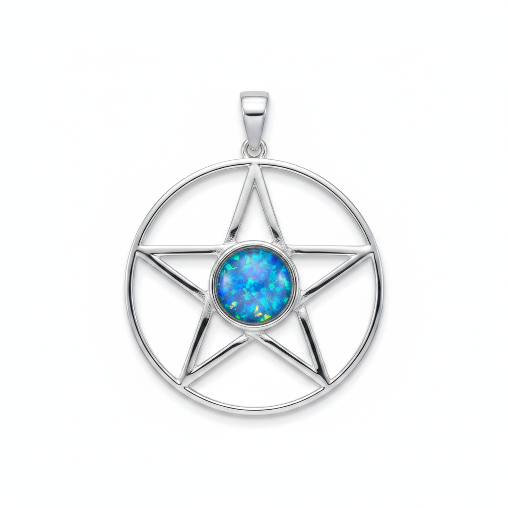 Silver 925 pentagram memorial pendant with blue opal flakes, no chain, white background
