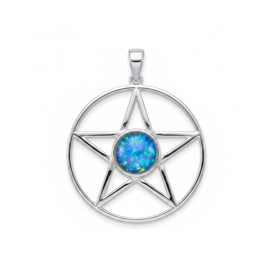 Silver 925 pentagram memorial pendant with blue opal flakes, no chain, white background