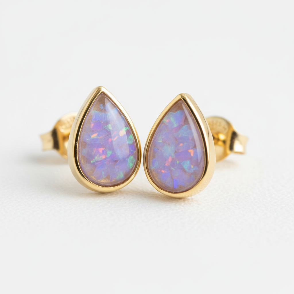 Gold pear shape stud earrings with lavender opal memorial resin