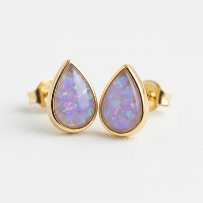 Gold pear shape stud earrings with lavender opal memorial resin