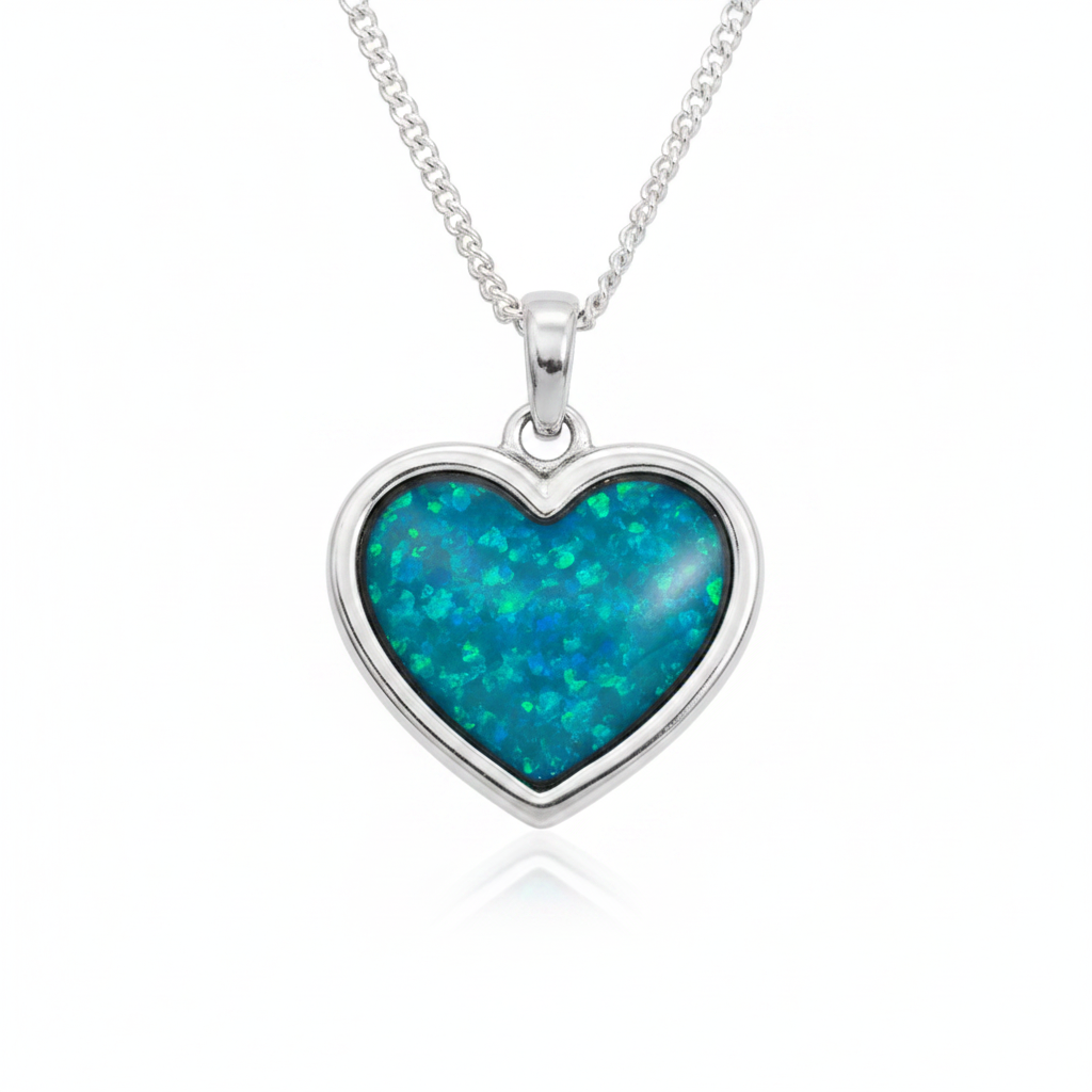 Thick Trim Heart 16mm 925 Silver Memorial Pendant with blue teal opal resin — white background