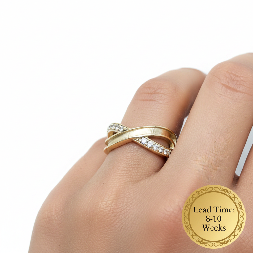 9ct gold infinity CZ ring lifestyle worn on finger, white background, lead time 8-10 weeks sticker