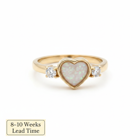 9ct Gold CZ Heart Double Gem Bezel Ring — white pearl opal resin in heart bezel, white background