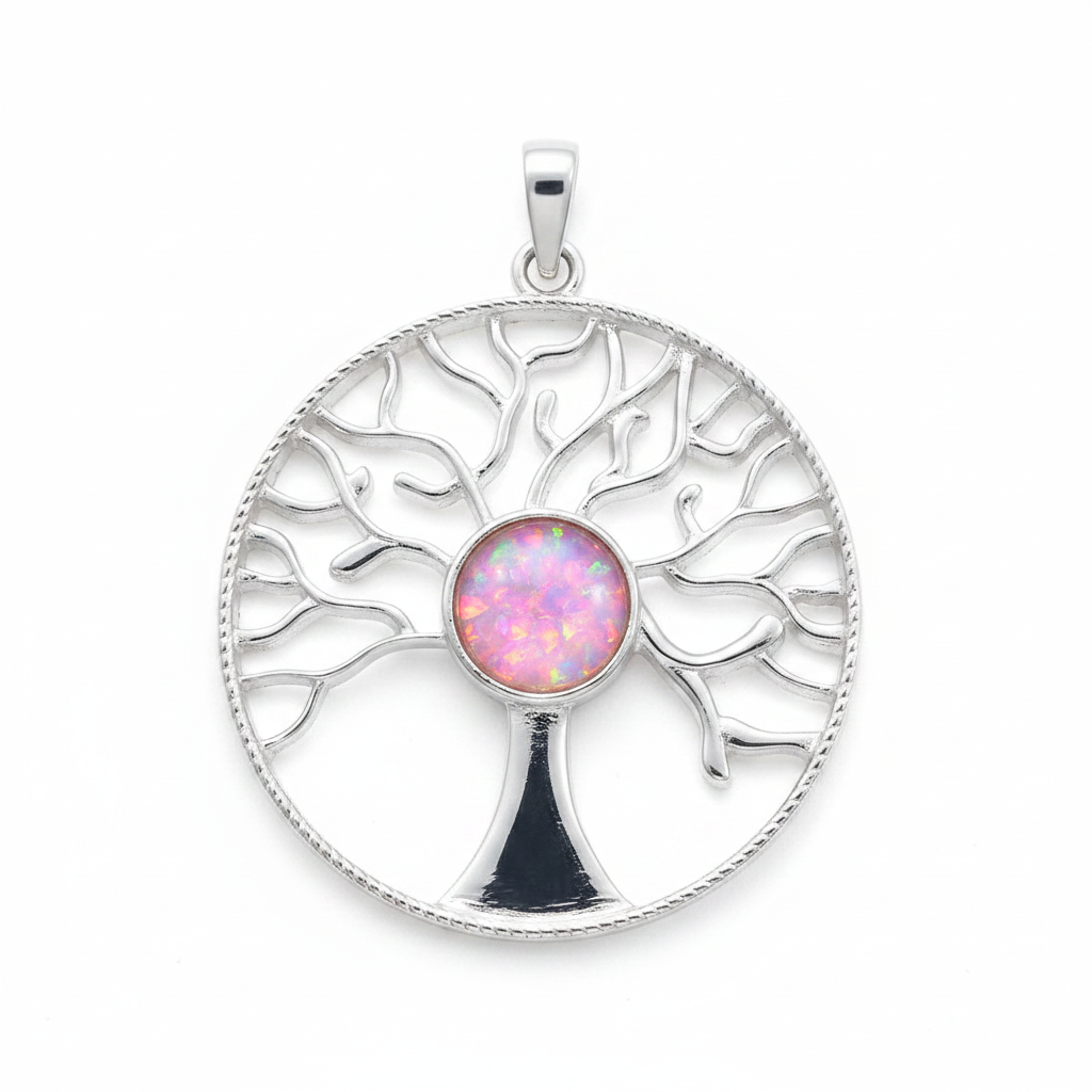 Silver 925 Tree of Life memorial pendant with pink opal flakes, white background