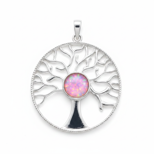 Silver 925 Tree of Life memorial pendant with pink opal flakes, white background