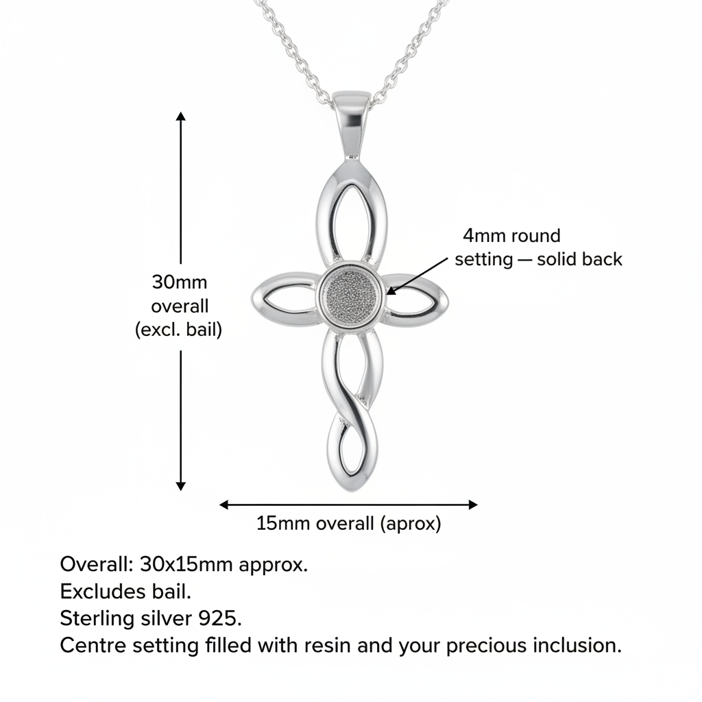 Silver 925 twisted cross memorial pendant dimensions guide — 30x15mm overall, 4mm round solid back centre setting, excludes bail