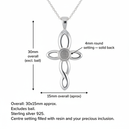 Silver 925 twisted cross memorial pendant dimensions guide — 30x15mm overall, 4mm round solid back centre setting, excludes bail