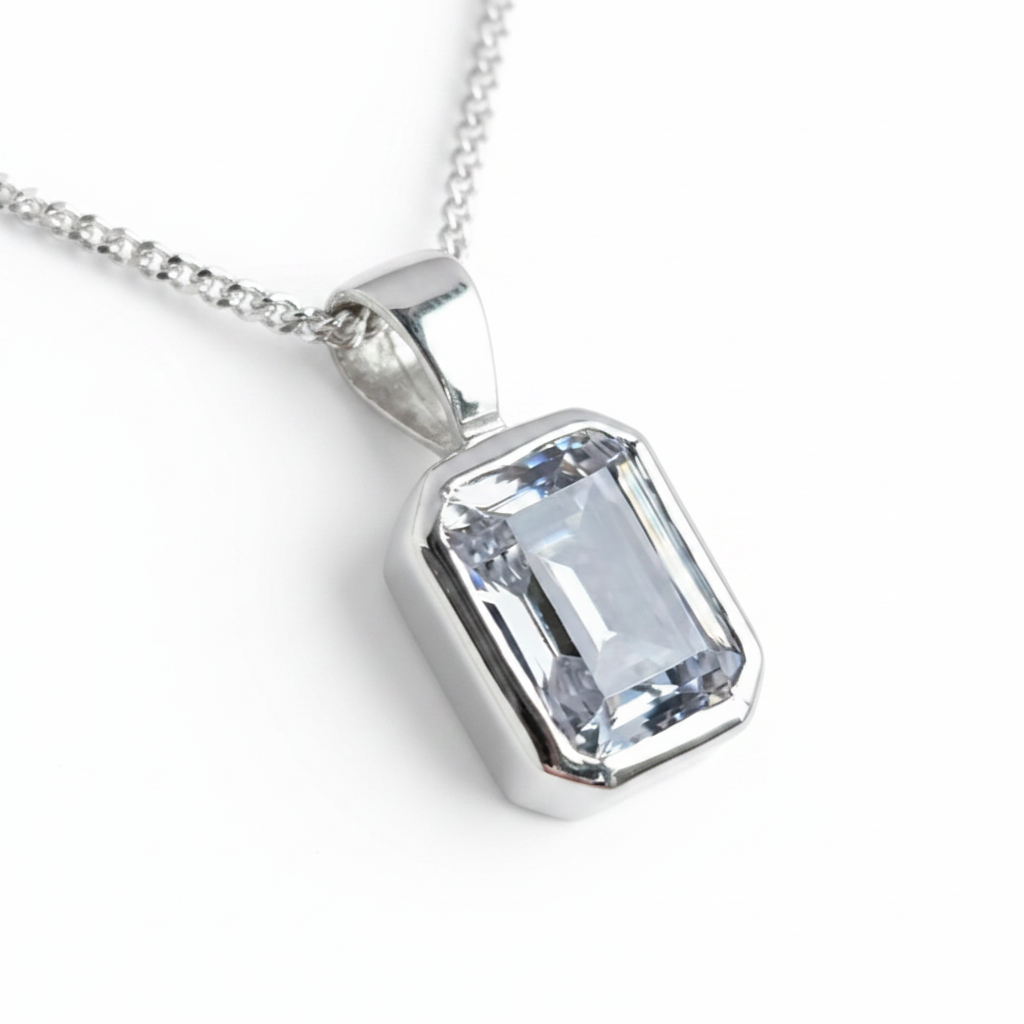 Emerald Cut Secretly Set CZ 925 Silver Memorial Pendant on display — white background