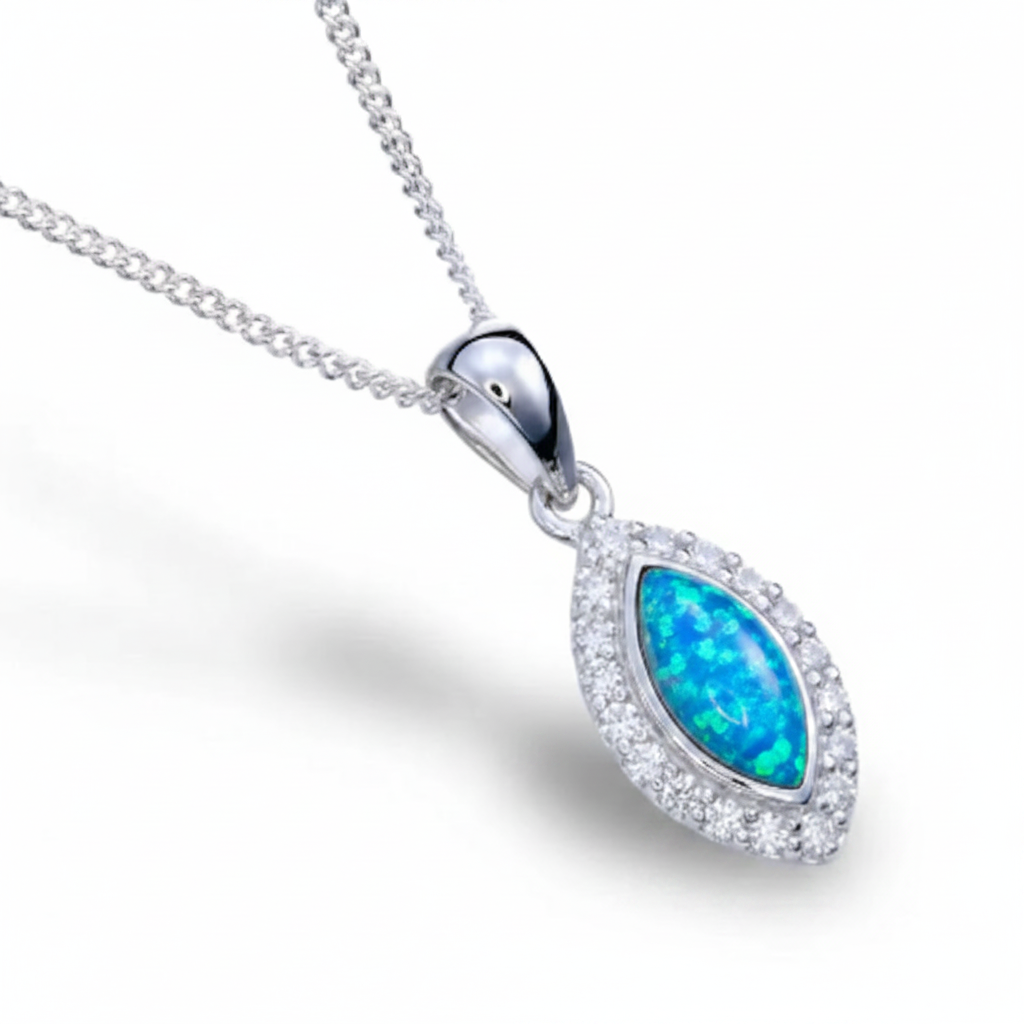 Marquise CZ Halo Pendant Necklace 925 Sterling Silver with blue teal opal flake inclusion on silver chain