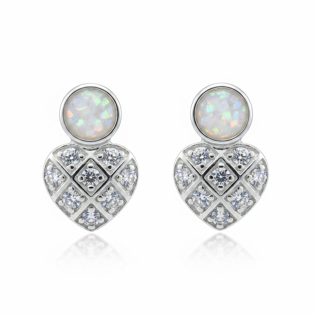 Silver 925 CZ heart memorial stud earrings — white pearl opal flakes resin in 4mm round setting above sparkling CZ heart