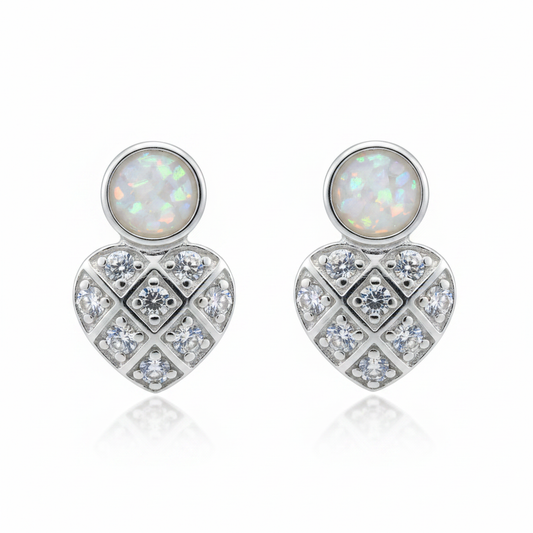 Silver 925 CZ heart memorial stud earrings — white pearl opal flakes resin in 4mm round setting above sparkling CZ heart