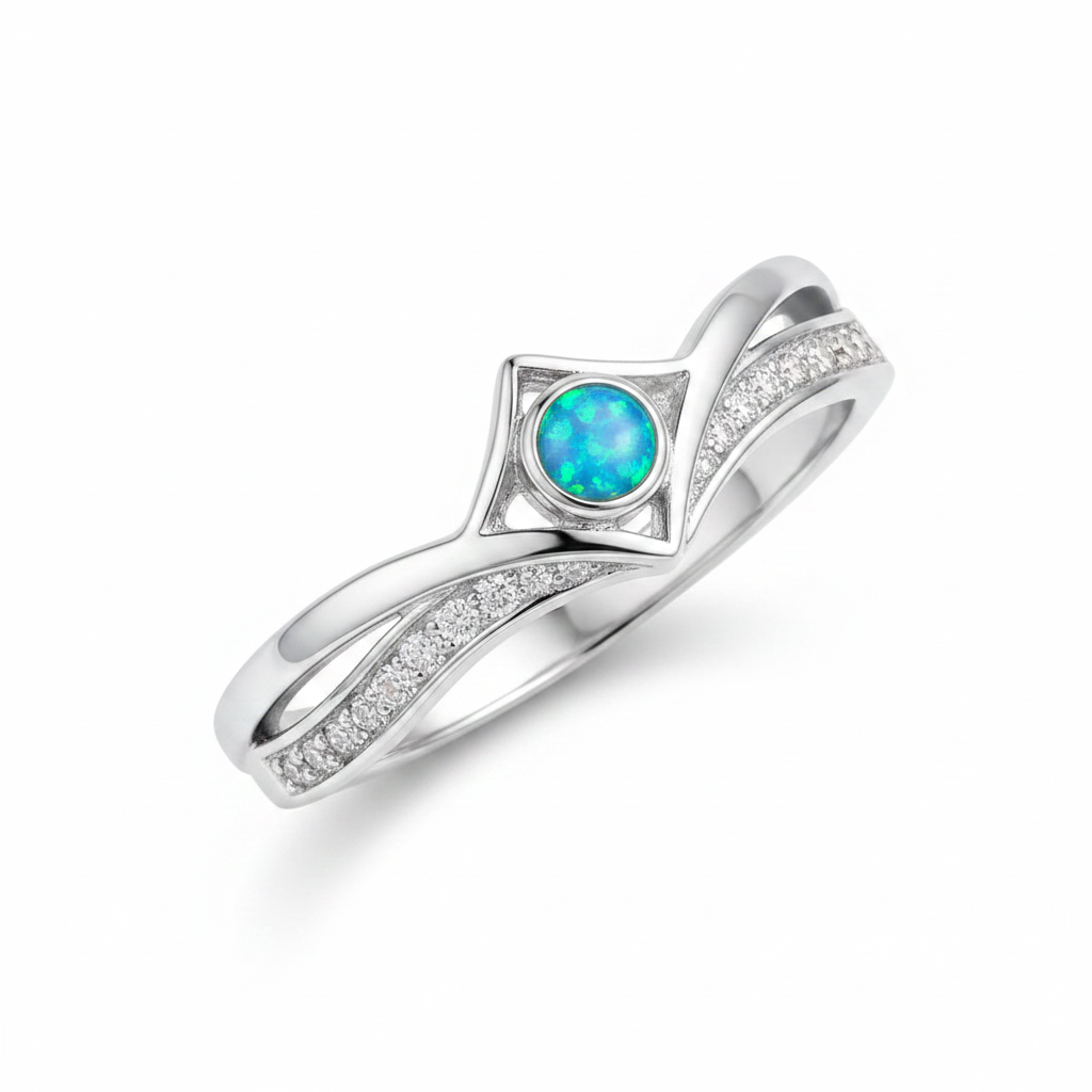 Silver 925 CZ inverted wishbone ring with blue teal opal resin in 4mm central setting on white background