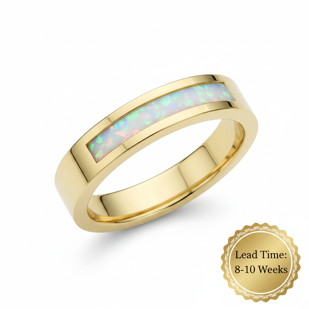 9ct gold 4mm square front face channel band ring with white pearl opal resin, white background, lead time 8-10 weeks