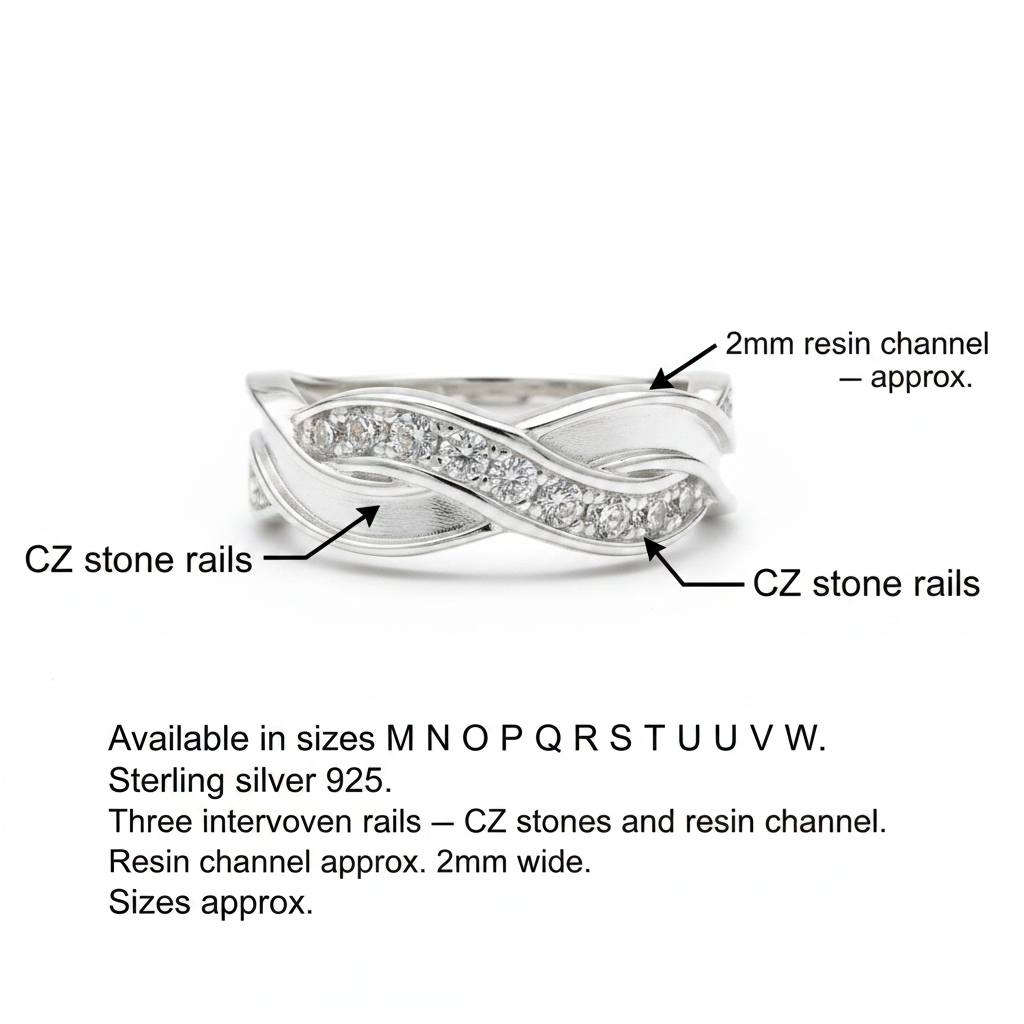 Silver 925 braided wave CZ memorial ring dimensions guide — 2mm resin channel centre rail, CZ stone outer rails, sizes M to W