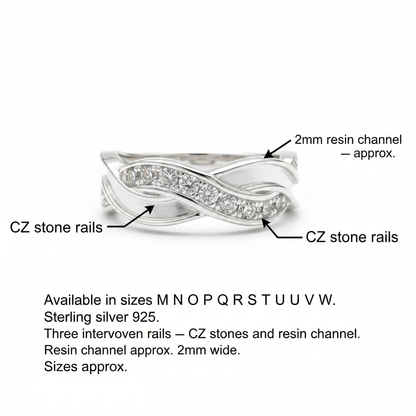 Silver 925 braided wave CZ memorial ring dimensions guide — 2mm resin channel centre rail, CZ stone outer rails, sizes M to W