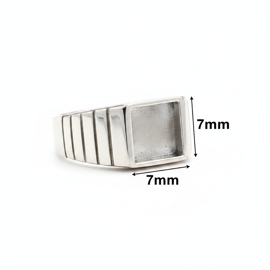 Gents Square Line 925 Silver Signet Ring dimensions guide — 7x7mm bezel measurement, white background