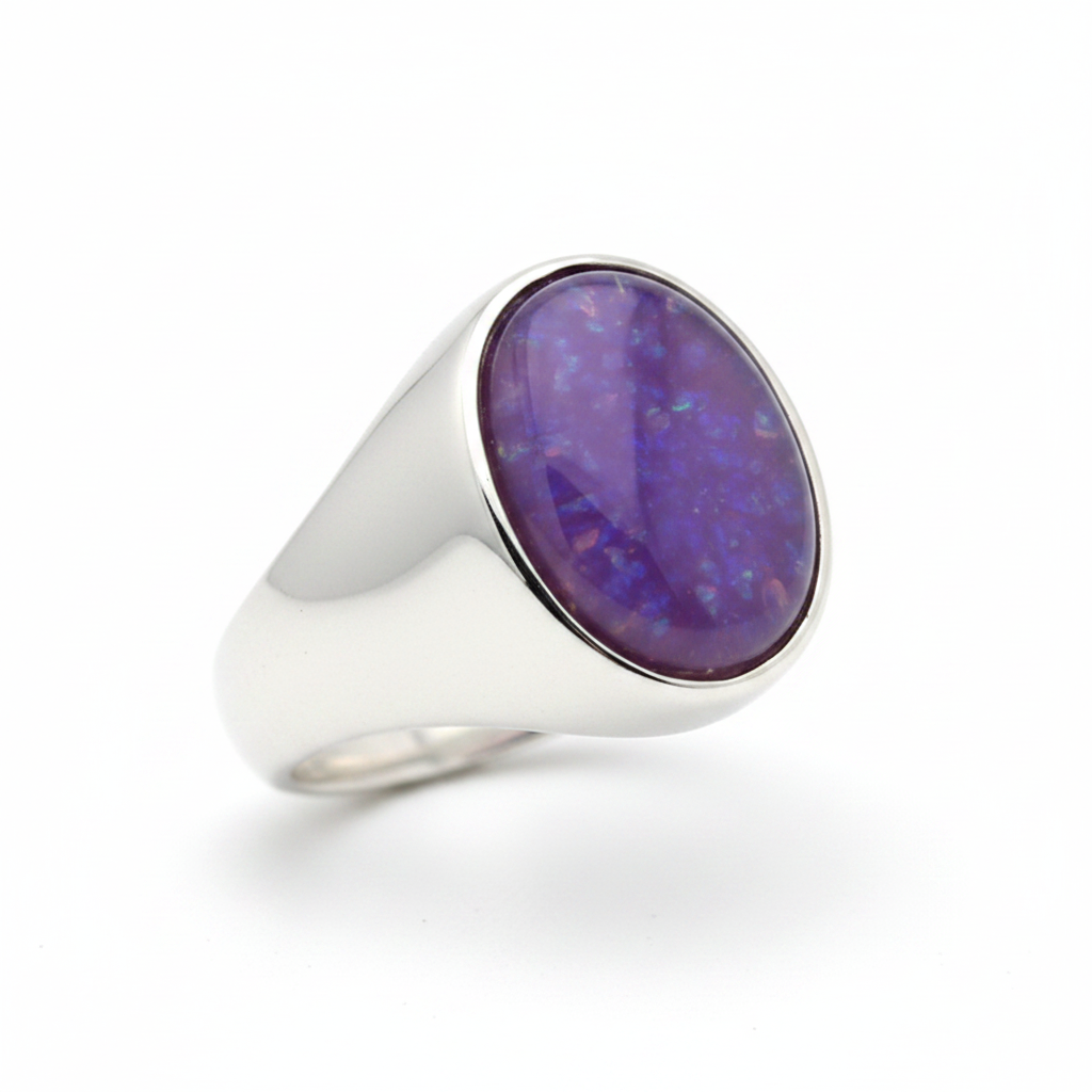 Silver 925 ladies seal signet memorial ring — lavender purple opal flakes resin in 10x8mm oval setting, smooth domed signet band
