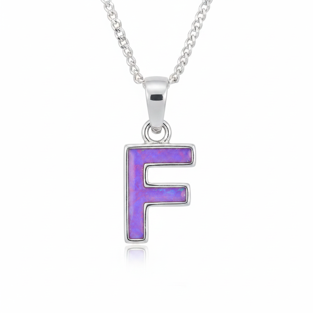 Initial Letter Mini 925 Silver Memorial Pendant with lavender opal resin inside letter — white background