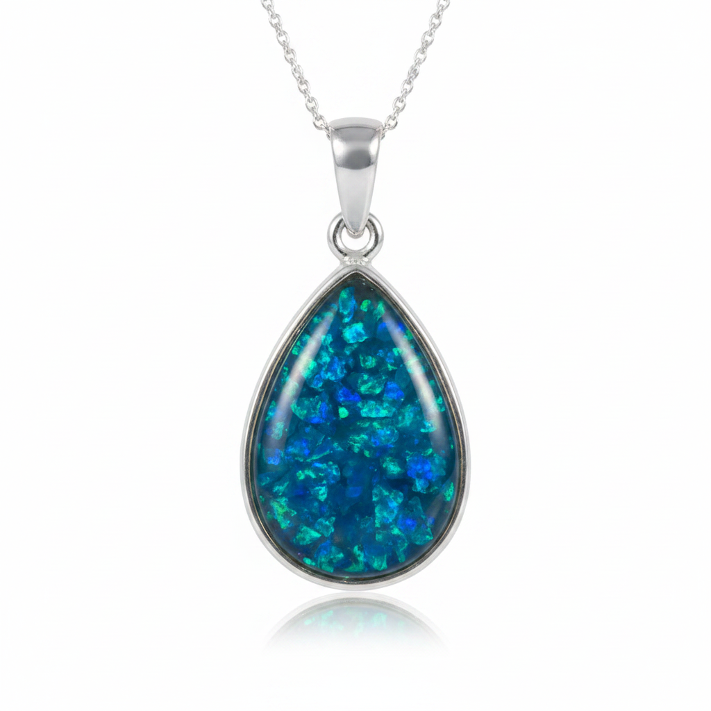 Silver 925 pear drop memorial pendant — blue teal opal flakes domed resin inclusion