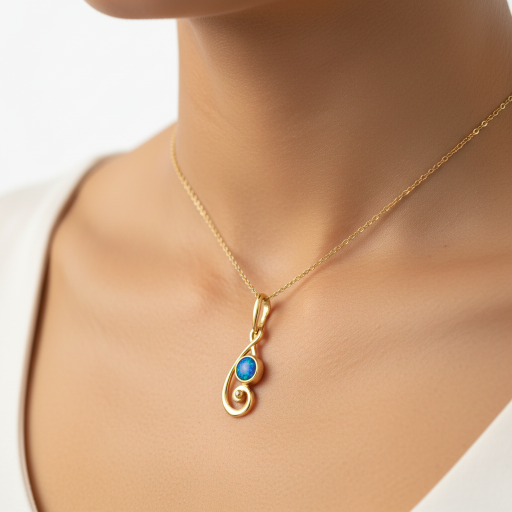 Model wearing 9ct gold swirling scroll memorial pendant showing true dainty scale on collarbone