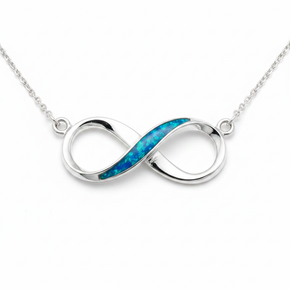 Silver 925 infinity memorial pendant — blue teal opal flakes domed resin in central setting