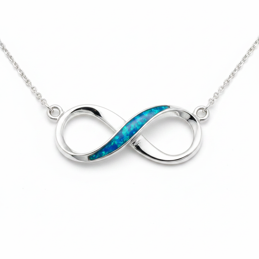 Silver 925 infinity memorial pendant — blue teal opal flakes domed resin in central setting
