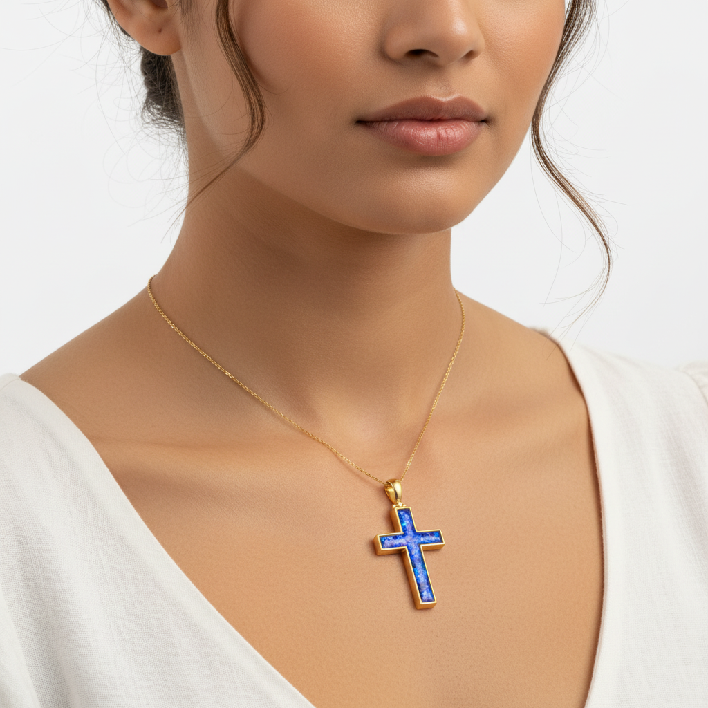 Model wearing 9ct gold cross memorial pendant showing true scale on collarbone