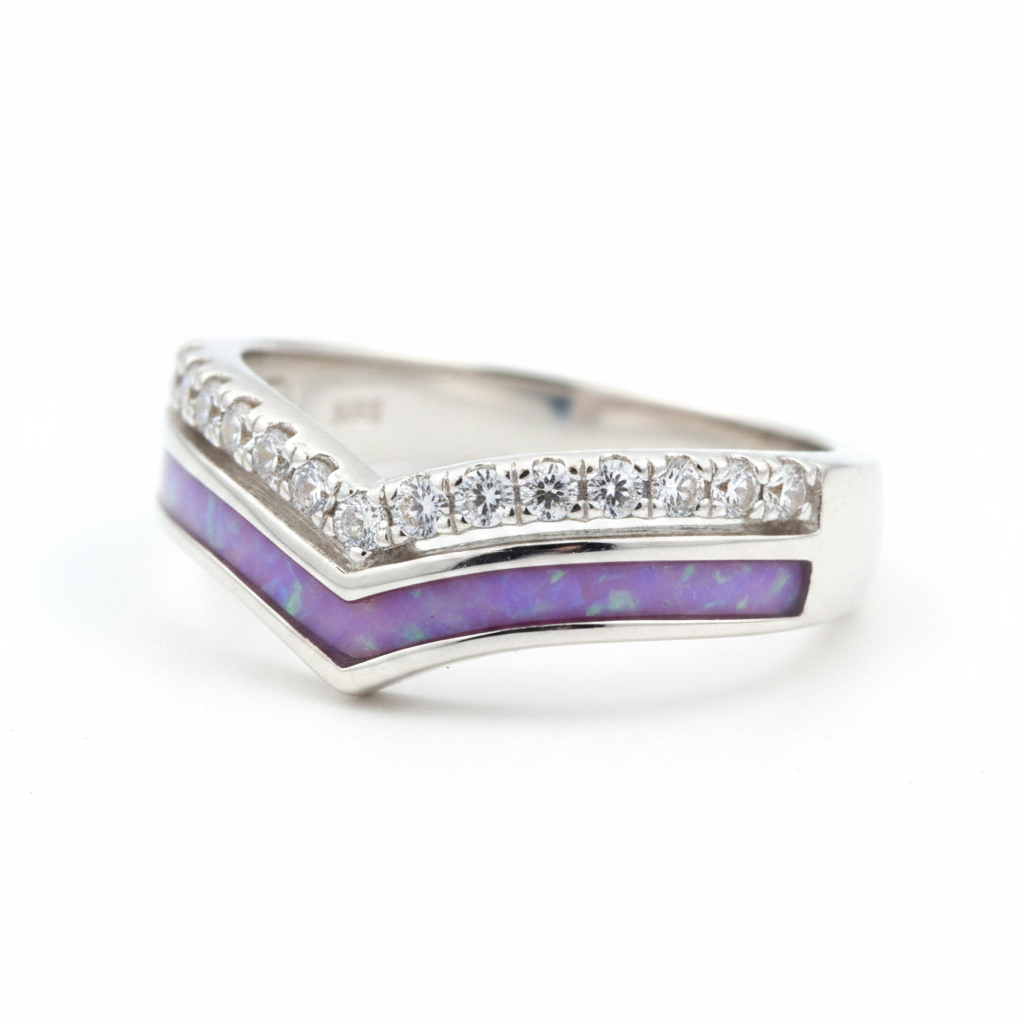 Silver 925 CZ wishbone stacker memorial ring — lavender purple opal flakes resin in lower wishbone channel, upper CZ crystal row unchanged