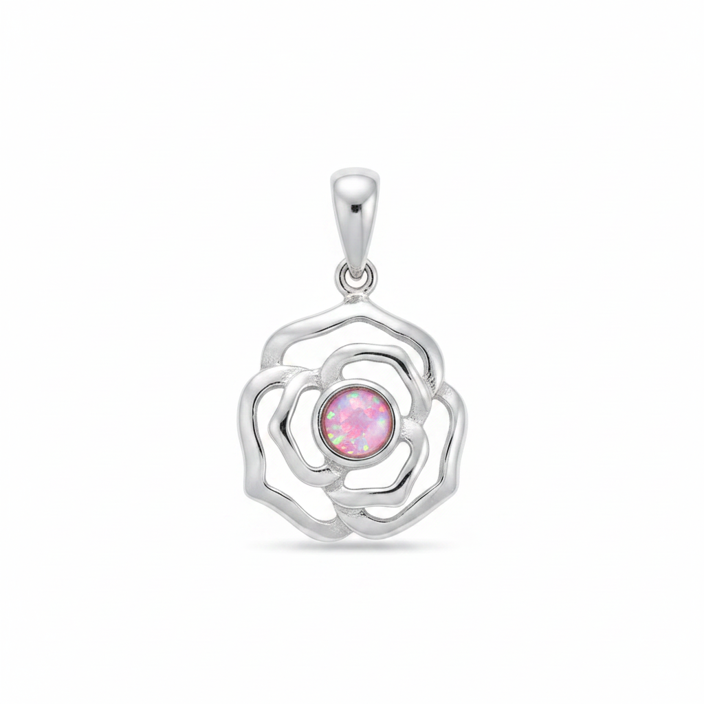 Silver 925 rose memorial pendant with pink opal flakes, white background