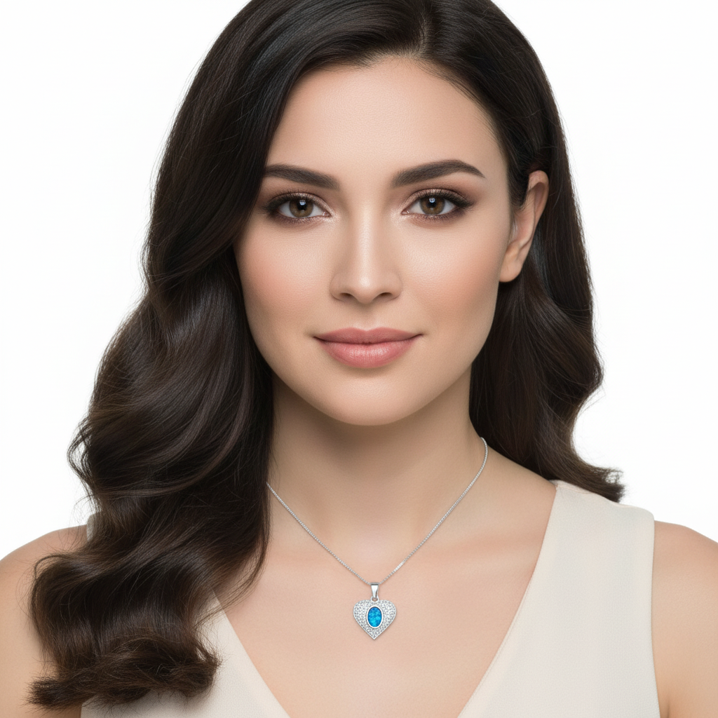 Model wearing silver 925 pave CZ heart memorial pendant at true 17x16mm scale